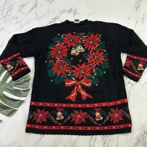 Nutcracker Womens Vintage 90s Christmas Sweater Size L Black Red Poinsettia